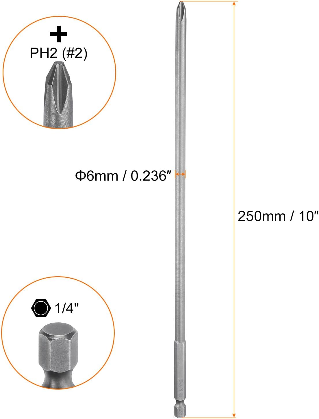 HARFINGTON 5pcs #2 Phillips Screwdriver Bit PH2 1/4" Hex Shank 10" (250mm) Long Magnetic S2 Steel Industrial Grade Screw Driver Bit Cross Head Electric Drill Bits 0.236" (6mm) Rod