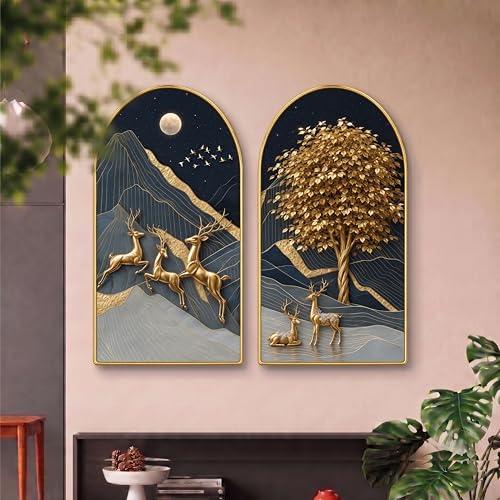 Image of Livin'luxe Set of 2 Golden Deer Wall Painting for Living Room, Moon Mountain Modern Artwork, PVC Golden Frame, Arch Shape Wall Decor for Bedroom, Hall, Office & Gift (30 x 32 Inch) RPNL-02-119