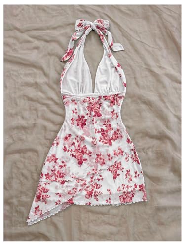 Image of BEAUDRM Women's Summer Mini Dress Halter Backless Vacation Beach Sundresses | Boho Dress, Floral Dress for Women, Vacation Beach Outfits, Going Out Dress, Brunch Outfits