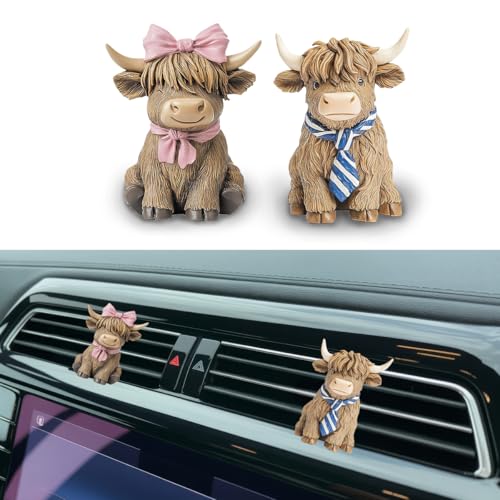 Image of GENANY 3D Resin 2 Pcs Highland Cow Car Air Freshener Vent Clip, Resin Automotive Freshener Set, Hand Painted Farmhouse Cow Designs with Pink Bow and Blue Tie, Cute Rustic Car Accessories Gift