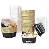 Picture of 100 PCS Aluminum Foil Cups, 5oz Dessert Cups With Lids, Cupcake Liners Foil Baking Cup, Disposable Ramekins Muffin Individual Square Cupcake Container, Foil Flan Baking Cups (Gold)