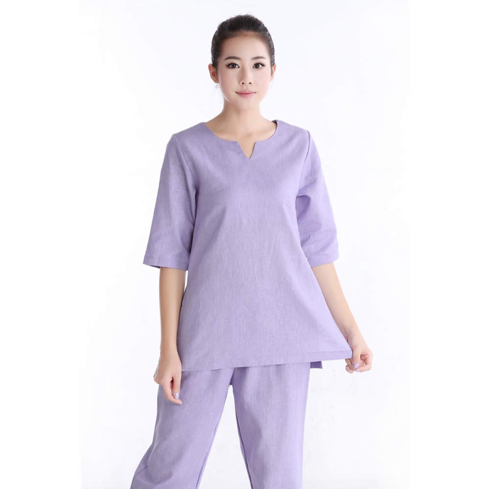 Tuta da Yoga Etnica in Cotone E Lino Zen Tuta Estiva da Meditazione Salute Abbigliamento Tai Chi Tuta da tè Femminile retrò,Purple-S