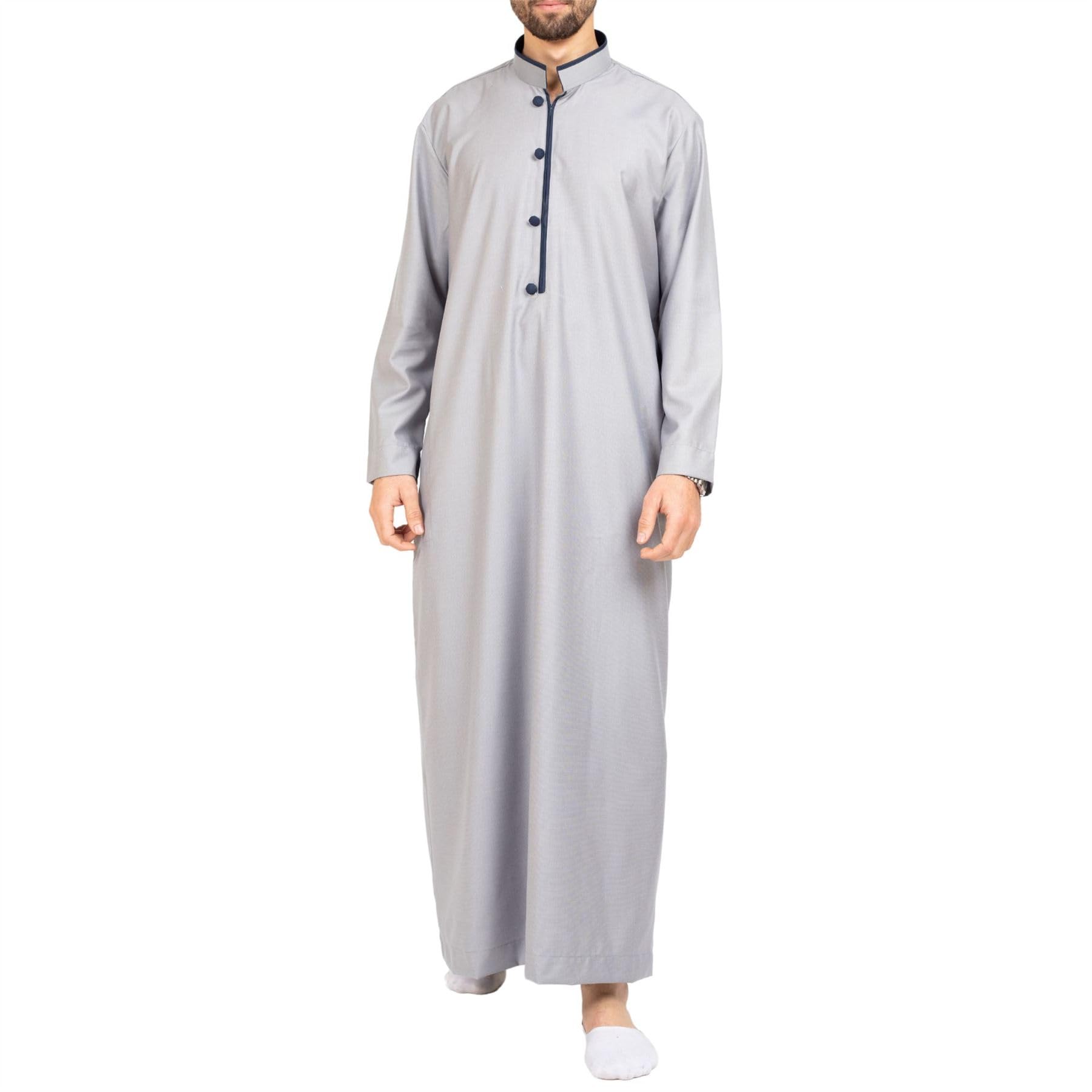 Thobez Men's Grey Thobe Jubba Islamic Clothing Muslim Kaftan Emirati Omani Stand Collar - Xl