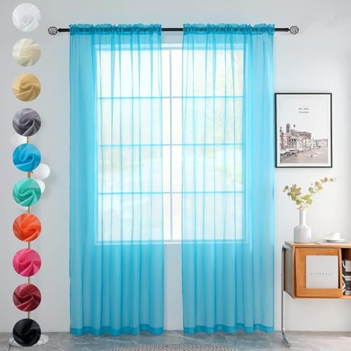 youleyar Solid Sheer Rod Pocket Curtain Voile Draperies 2 Panels White Beige Black Grey Coffee 52 Inch Width 90 Inch Long 1 Pair for Kitchen Bedroom Children Living Room Yard (Cyan Blue,52Wx90L)