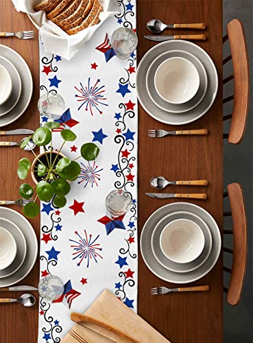 Patriotic Stars Table Runner 48 Inches Long, 4Th Of July Independence Day Red Blue White Usa Flag Swirling Stripe Table Runners Scarf Holiday Kitchen Dining Tables Decor For Indoor Outdoor Party #TOP1