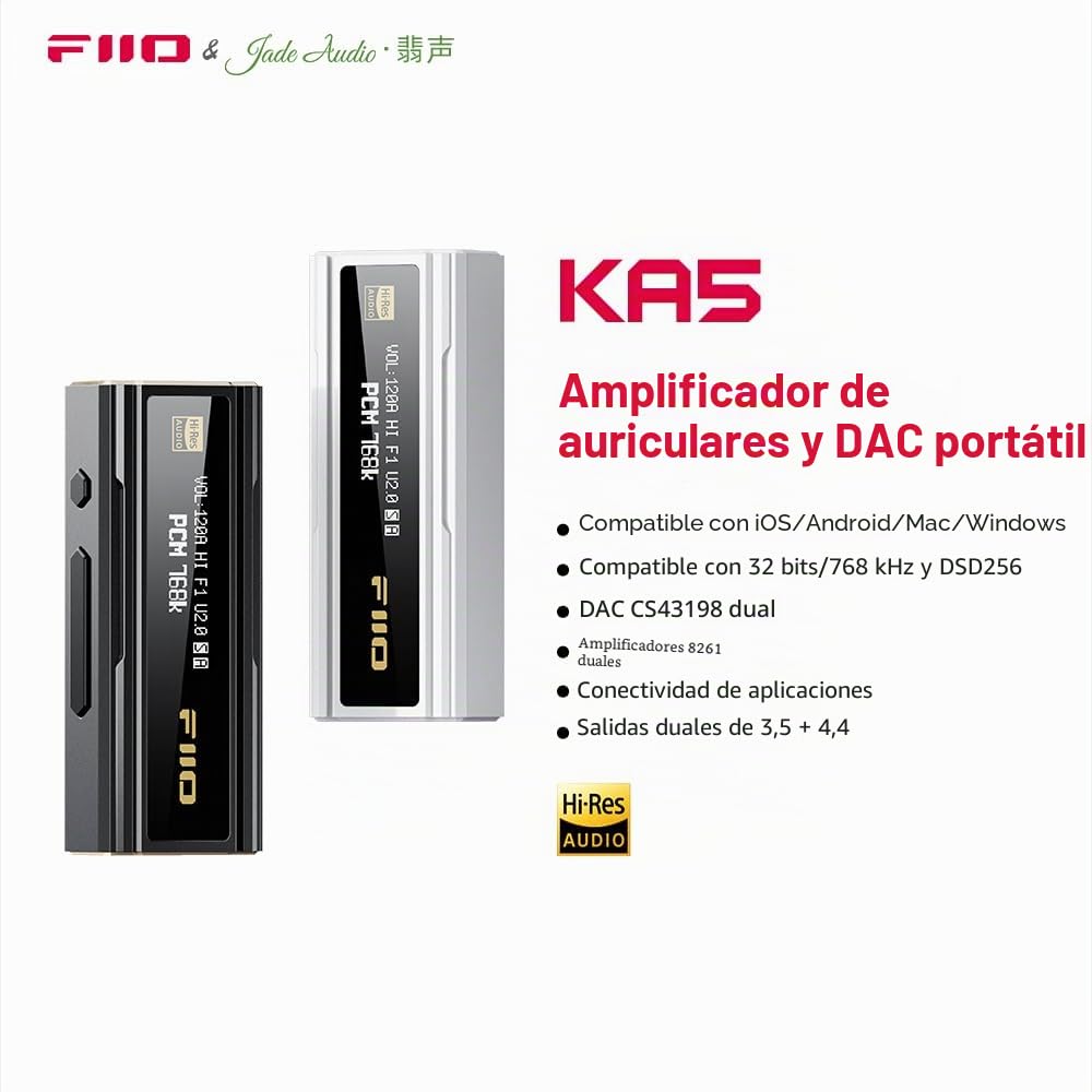 FiiO Amplificador de Auriculares KA5 USB DAC con Salidas de 3,5 mm y 4,4 mm