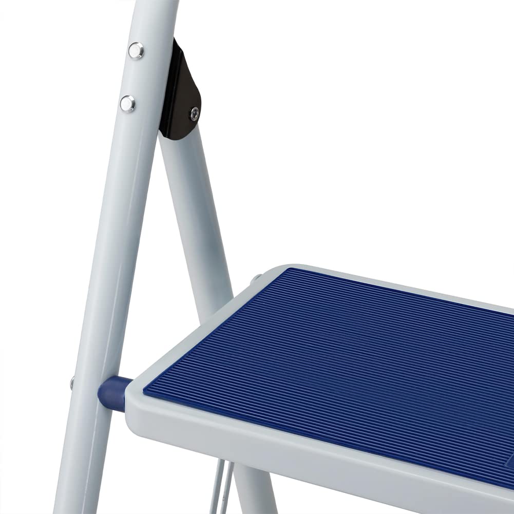 Bakaji Scala Scaletta Pieghevole Salvaspazio con Gradini Antiscivolo e Maniglione di Sicurezza Sgabello Scaletto Struttura in Acciaio e Rivestimento in Gomma Portata massima 150kg (4 Gradini Blu)