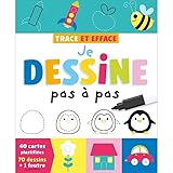  Je dessine pas a pas - 70 dessins - coffret avec 40 cartes plastifiées et un feutre effaçable - pour apprendre à dessiner - dès 4 ans