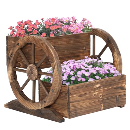 Wooden Wagon Planter Box, 2 Tier Garden Planter with Wheels for Flowers/Herbs/Vegetables, Decor Flower Cart for Indoor/Outdoor/Patio/Garden/Balcony