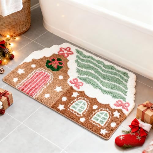 Whaline Christmas Bathroom Rug Absorbent Pastel Gingerbread House Tufted Bath Mat Non Slip Shower Rug Front Door Mat for Winter Xmas Home Room Entrance 20 x 31.5