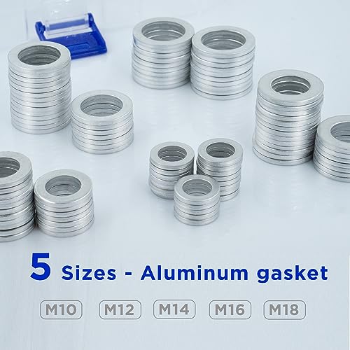 Image of 100Pcs Set of Oil Drain Plug Gasket, 5 Sizes Aluminum Oil Drain Plug Washer Crush Washer, Oil Plug Crush Washer for Oil Change, Sealing Ring by KeeRoarin (M10, M12, M14, M16, M18)