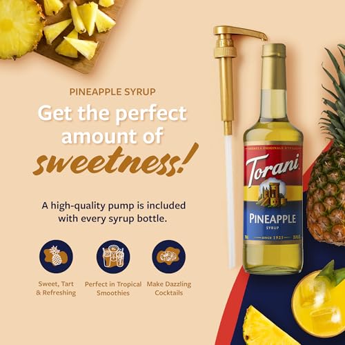 Image of Torani Pineapple Syrup for Drinks, Flavoring for Iced Tea, Lemonade, Sodas, and Cocktails, Glass Bottle with Pump Included, 25.4 Fl Oz