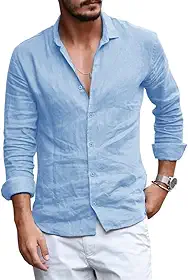 Camisa masculina de algodão de linho, casual, manga comprida, colarinho aberto, leve, praia, lisa