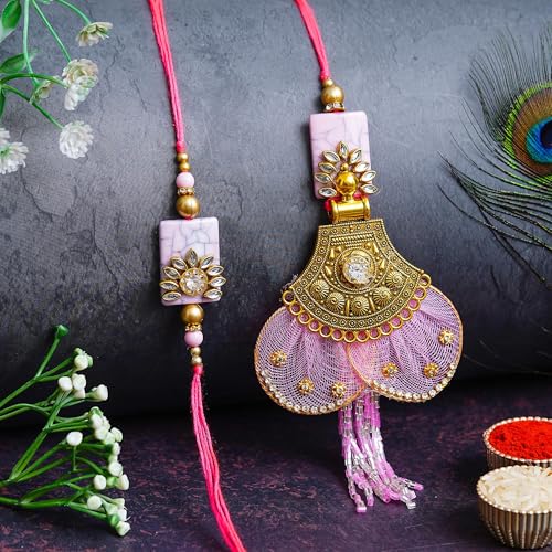 Image of Bhai Bhabhi Rakhi Set - Peacock Designer Rakhi with Stone & Pearl Work Lumba with Tassel for Bhabhi | Raksha Bandhan Gift