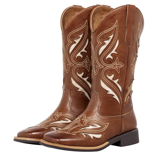 Image of SheSole Women's Square Toe Mid-Calf Western Cowgirl Boots with Cutout & Stitched Embroidery, Chunky Block Heel Fashion Cowboy Boots for Concert Daily