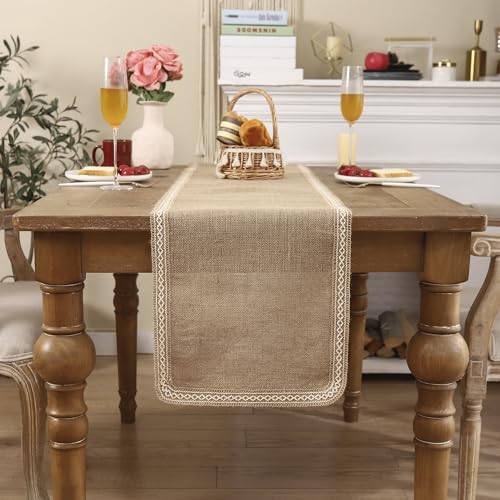 Tosleo Natural Jute Braided Table Runner 13 x 120 inch Long Khaki Table Runners with Beige Lacework for Fall Parties BBQ's Everyday Holidays Rustic Vintage Dining Farmhouse Table Runner (One Piece)