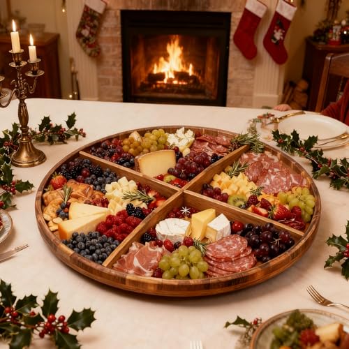 Utoplike Extra Large Acacia Wood Serving Tray, 23.6'' Round Charcuterie Board, Cheese Board with Rotating Base Raised Edge and Removable Dividers for Food, Snacks, Party, Dining by Utoplike - Used condition - Image 8