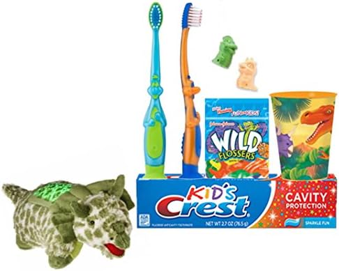 Dinosaurs Inspired Boys 7pc. Bright Smile Oral Hygiene Bathroom Gift Set! Plus Bonus Green Triceratops Dream Lites Night Light!