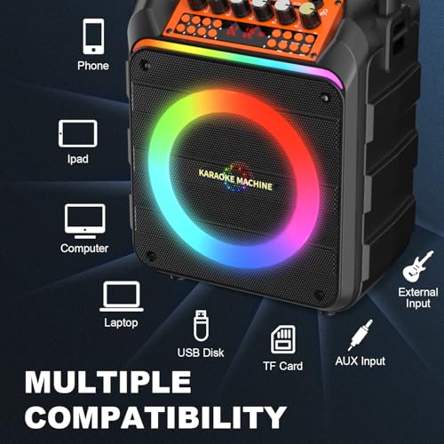 Image of Karaoke Machine with 2 Wireless Microphones, Portable Bluetooth Speaker with Bass /Treble Adjustment, PA System with Remote Control, LED Light, Support REC /FM /AUX /USB /TF for Home Party, Orange
