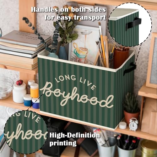 Image of Long Live Boyhood Boys Storage Bins Box with Handles, Green Stripe Collapsible Basket Organizer for Kids Teen Boy Nursery Room Bedroom Bathroom Playroom Books Clothes