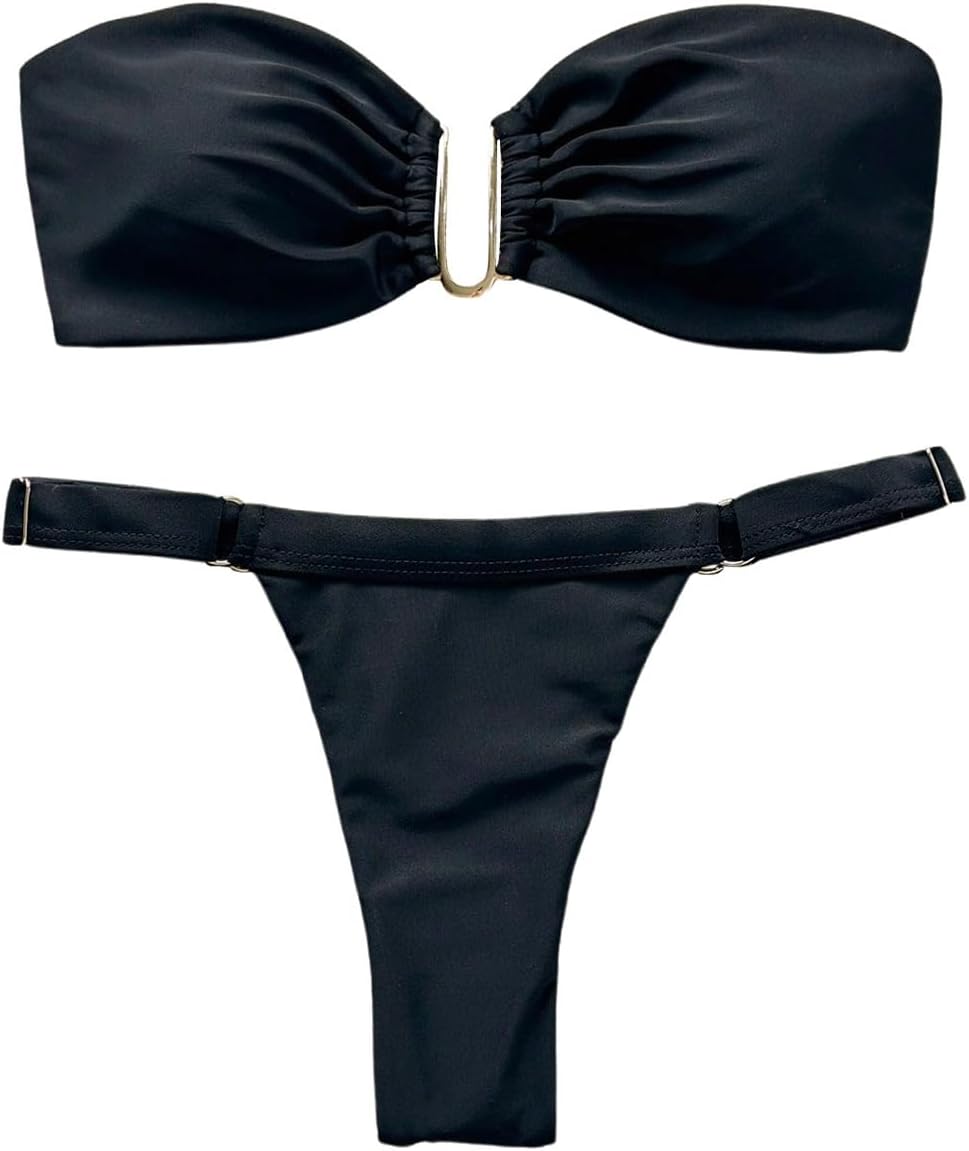 SHENHE Women's Strapless Swimsuits 2 Piece High Cut Cheeky Thong U Wire Bandeau Bikini Set