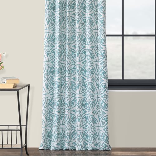 Image of HPD Half Price Drapes Printed Geometric Floral Curtains 96 Inches Long Luxury Cotton Curtain (1 Panel) Room Darkening Window Curtains for Bedroom & Living Room, 50W x 96L, Geometric Floral Aqua