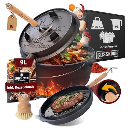 GUSSKÖNIG Dutch Oven Set - Eingebrannter Dutch Oven 9 Liter [6-10...