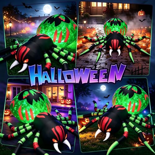 Image of 11FT Halloween Inflatables Spider Outdoor Decorations for Yard, Giant Blow up Green Spider with Rotating Fire Flame Light, Large Spooky Spider for Halloween Party Garden Lawn House Holiday Decor