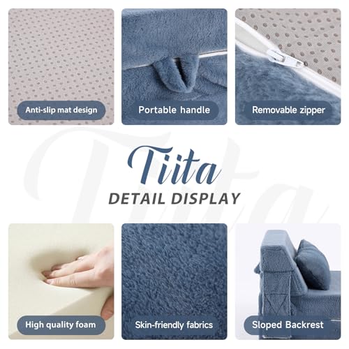 Image of Tiita Convertible Folding Kids Sofa Bed with Pillow & Storage Bag, Plush Fabric Floor Mattress Couch Bed, Washable Cover, Kids Room, Playroom, Dorm, Apartment, Blue Grey