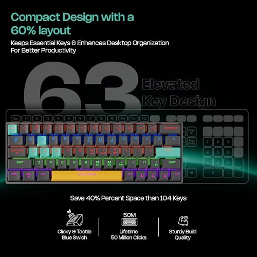 Image of Archer Tech Lab Wired Mechanical Gaming Keyboard| 60% Compact, 63 Keys+ 26 Anti-Ghosting, Blue Switches Tactile Feedback, 17 RGB Effects, 50 Million Clicks for Laptop Mac PS4 PS5 Xbox (Astra M400)