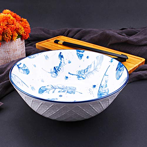 YALONG 40 Ounce Large Porcelain Pho Bowls Set 4 Pack Serving Soup Salad, Pasta, Cereal Stackable Deep Bowl Feather Pattern, Ramen Bowls for Noodle for Kitchen, 8 Inches - Thumbnail 6