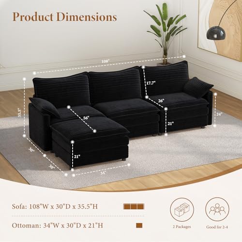 Image of Vesgantti 108 inch Modular Sectional Sofa, Comfy Cloud Couch with Movable Ottoman Deep Seat Corduroy L Shaped Modular Sofa, Sectional Couches for Living Room, Bedroom and Apartment, Black