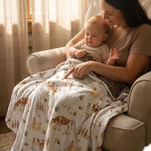 Image of GLLQUEN BABY Blankets for Boys Girls, Soft Muslin Cotton Front Dotted Fleece Backing, Nursery Minky Crib Blanket for Infant Toddler, 30 x 40 inches Throw Blanket, Cow Farm