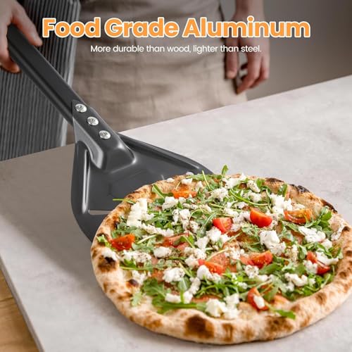 Taicols Pizzaschieber, Pizzaschaufel Perforiert, Aluminium Pizza-Drehschäler mit 40 cm Abnehmbarem langem Griff, Turning Peel Pizza, 8 Zoll Runder Kopf Pizza Schaufel für den Grill & Backofen