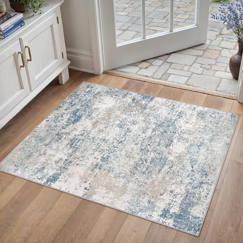 PureCozy Blue 2x3 Area Rug Washable Abstract Entryway Carpet Modern Neutral Non Slip Door Mat Soft Low Pile Contemporary Aesthetic Small Bedroom Throw Rug for Kitchen Laundry Dining Room
