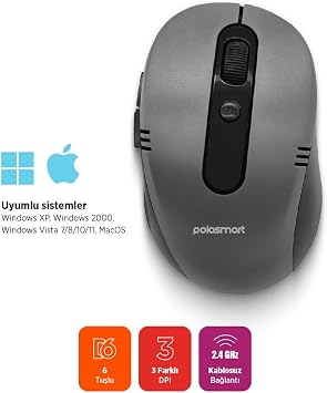 Polosmart PSWM21 Ergonomik Pilli Kablosuz Optik 6 Tuşlu 1600 DPI Mouse Gri