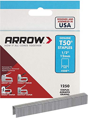Arrow Fastener 508 Genuine T50 1/2-Inch Staples, 1,250-Pack