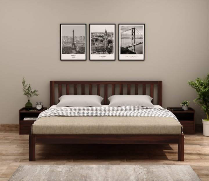 Image of SUNCOM Solid Sheesham Wood Queen Size Bed Without Storage for Bedroom - Wooden Queen Size Cot Bed for Home - Handcrafted Furniture Platform Double Bed (Walnut Finish)