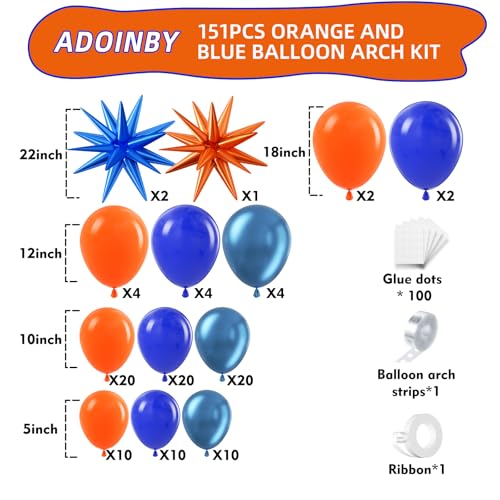 Image of Blue and Orange Balloon Arch Kit, 151Pcs Royal Blue Metallic Blue Orange Balloon Garland kit, Different Size Balloons for Girl Birthday Anniversary Baby Shower Graduation Party Decorations