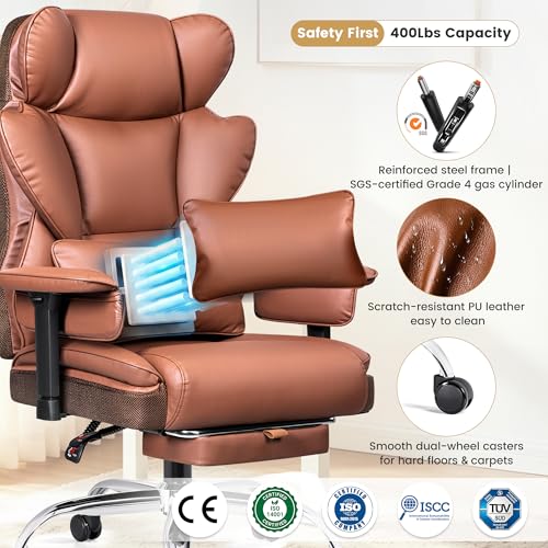 Image of Big & Tall Executive Office Chair, 400 LBS Computer Desk Chair | 23.6 inch Extra-Wide Seat with Footrest, Ergonomic High Back with Lumbar Support, 3.2 inch Adjustable Arms, Brown PU Leather, 2 Pack