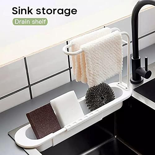 FRISTI Telescopic Sink Holder Rack, Kitchen Sink Shelf with Towel Bar Expandable Drainer Sink Tray Sink Storage Rack Caddy Shelf Drain Basket for Soap Sponge Organizer (White)