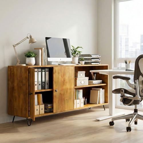 Image of FFO Wood Sideboard Cabinet | Wooden Living Room Storage Cabinet with Drawers, Side Cabinet for Bedroom, Modern Wood Finish, 2 Door Cupboard with Metal Legs Wooden - DIY