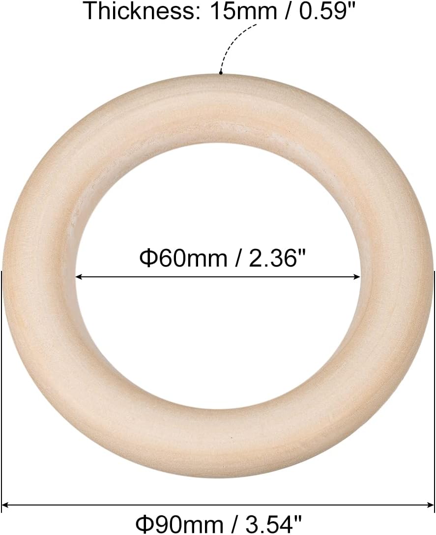 uxcell 20Pcs 90mm(3.5-inch) Natural Wood Rings, 15mm Thick Smooth Unfinished Wooden Circles for DIY Crafting, Knitting, Macrame, Pendant