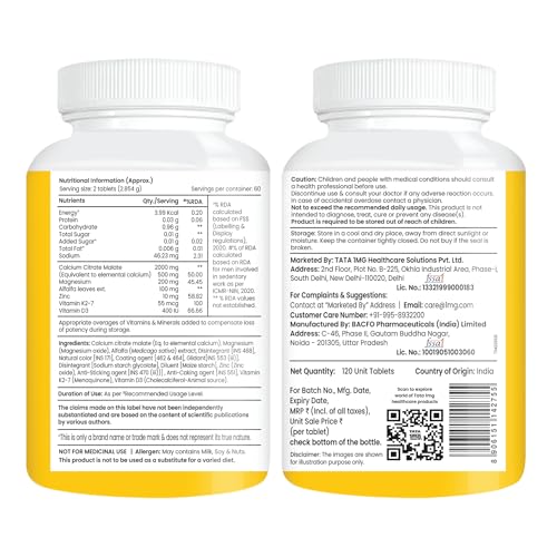 Image of Tata 1mg Calcium + Vitamin D3, Zinc, Magnesium and Alfalfa Tablet Help In Joint Support, Bones Health, Energy Support for Men & Women (Pack of 120 Tablets)