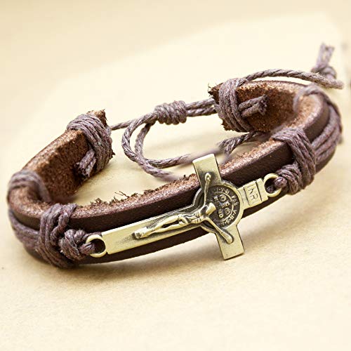 Nobrand Cruz Religiosa Católica Jesús Crucifijo Medalla De Santo Pulseras De Cuero...