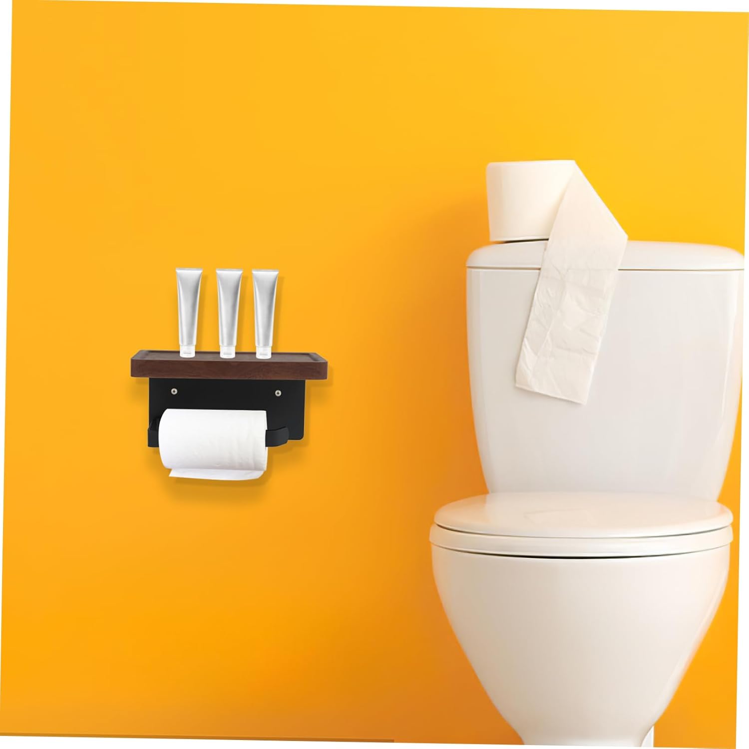 Solid Wood Bathroom Tissue Holder Over Toilet Rack Black Storage Shelf