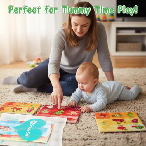 Image of SNOWIE SOFT 3Pcs Tummy Time Toys for Babies, English Learning Baby Toys for 6 to 12 Months with Ocean, Jungle Animals, Farm Animals, Fruits, Vegetables, Toys, for Visual Sensory Development, Washable