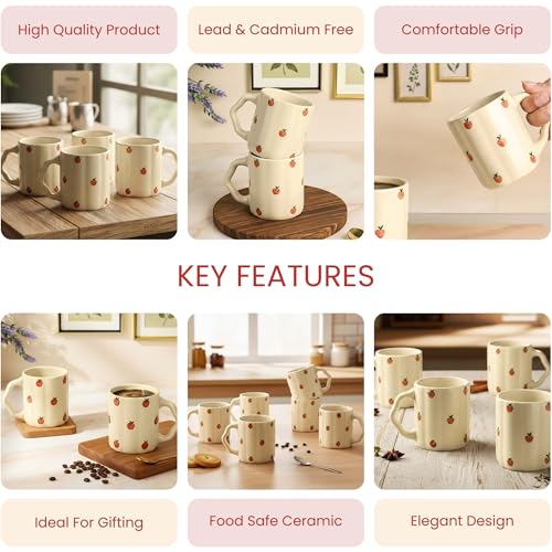Image of The Earth Store Cream Apple Coffee Mug - 300ML Ceramic Coffee Mugs Set of 6 | Microwave & Dishwasher Safe Mugs for Gift | Home | Office | Restaurant | Daily Use