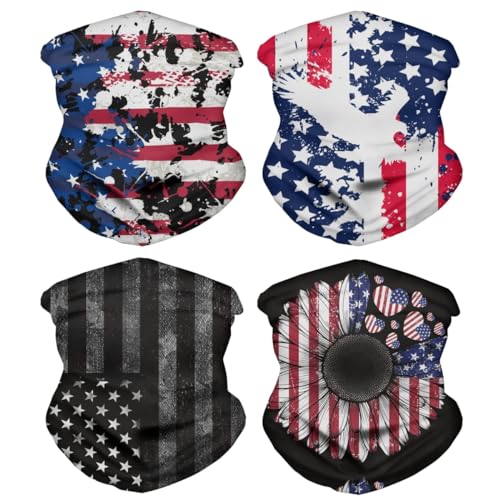 GLUDEAR American Flag Bandana Neck Gaiter Scarf Dust Wind Sun Protection Scarf Neck Balaclava,4pcs Eagle Sunflower