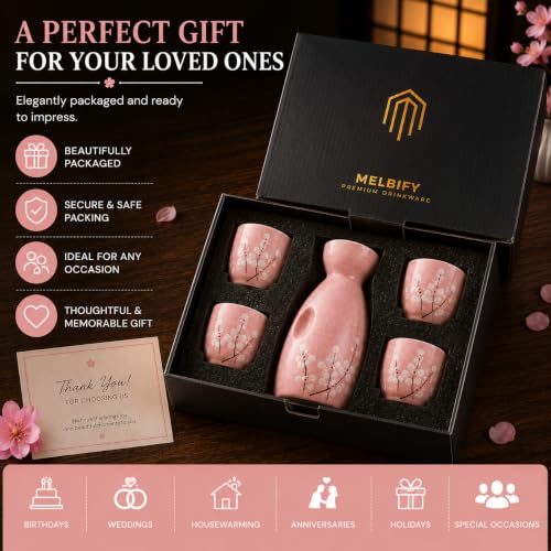 Image of Japanese Ceramic Sake Set - 5 Piece Pink Floral Blossom Sake Set with 1 Sake Bottle (Tokkuri) & 4 Sake Cups | Traditional Japanese Wine Set for Drinks, Shochu & Home Bar | House Warming | Gift Set